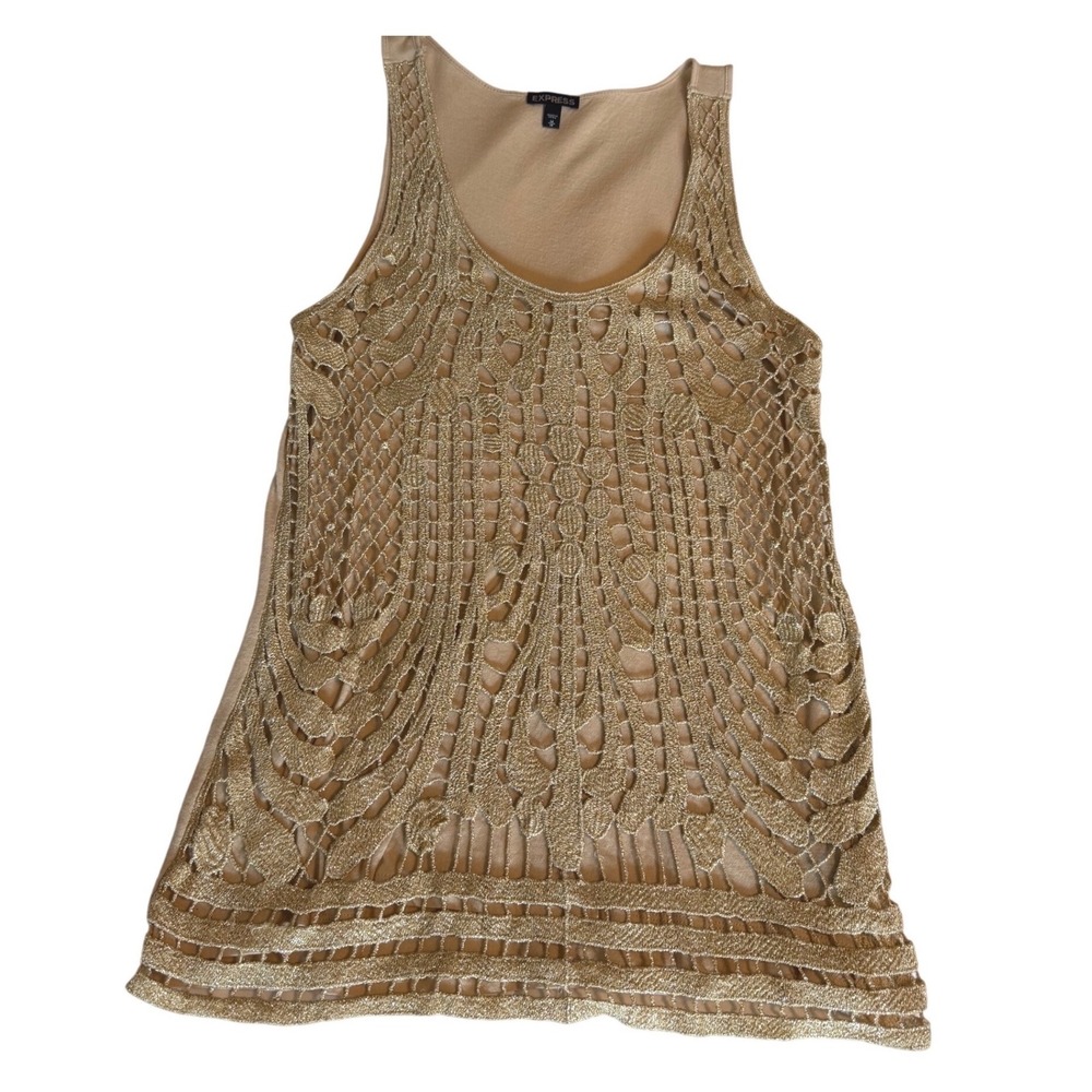 Express Tank Top Women Medium Gold Excellent Metallic Crochet Overlay Scoop Neck